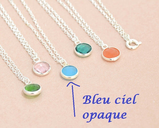 Achat Collier laiton argent 41 cm et pendentif verre 9 mm bleu ciel opaque serti argent à personnaliser